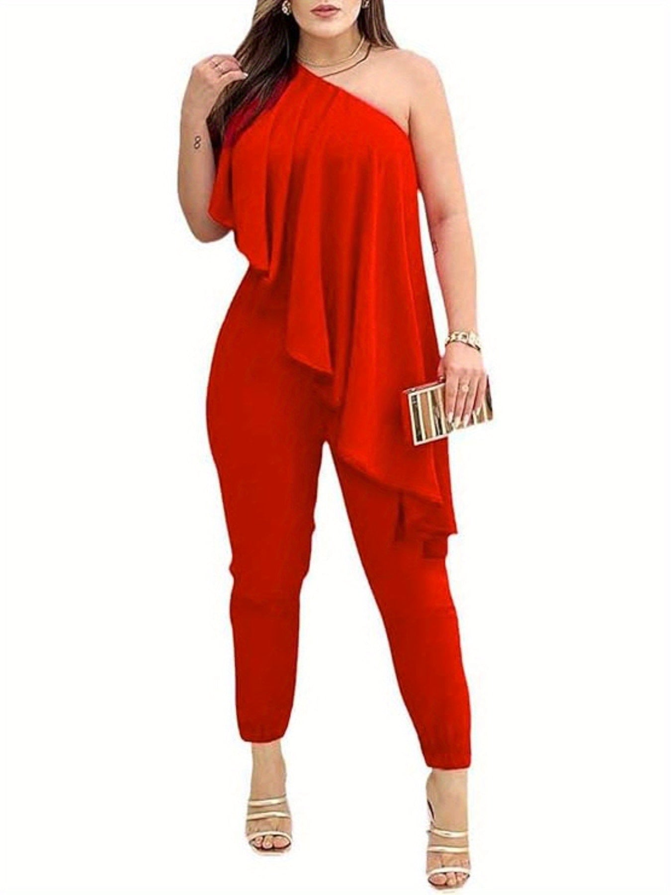 2pcs Sets for Women - Off-Shoulder Ruffled Sleeve Top & Wide-Leg Pants, Vibrant Red Casual Chic Outfit, Machine Washable Spring Summer Outfits for Brunch, Office, or Casual Outings, Brunch Attire | Nontransparent Fabric